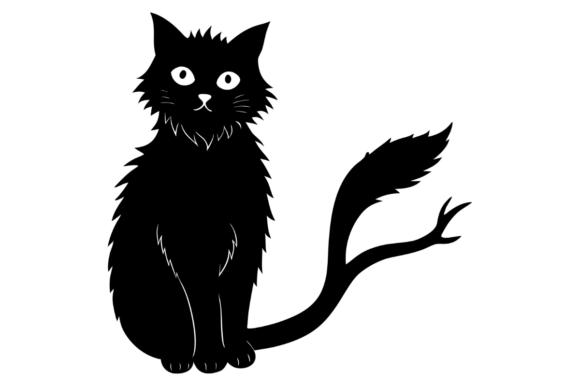 Black Silhouette of a Fluffy Cat Sitting