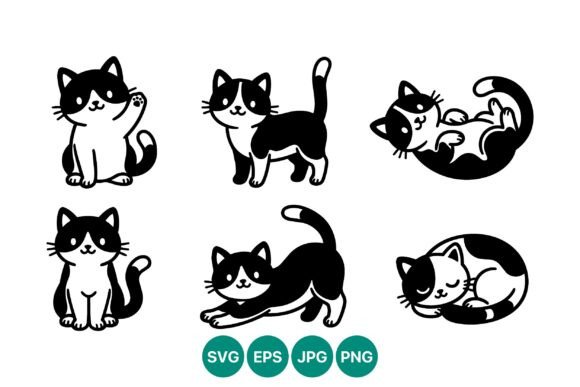 Black White Playful Cat Poses Vector