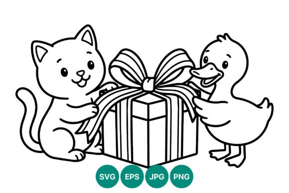 Cat and Duck Holding Gift Vector
