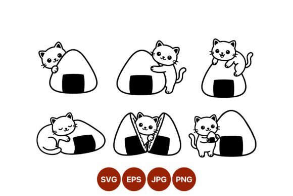 Cat and Onigiri Line Art Set