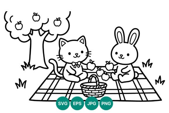 Cat and Rabbit Picnic Black and White