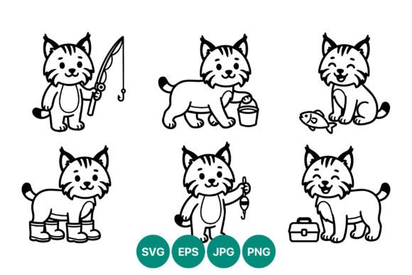 Cat Fishing Black White Vector Art