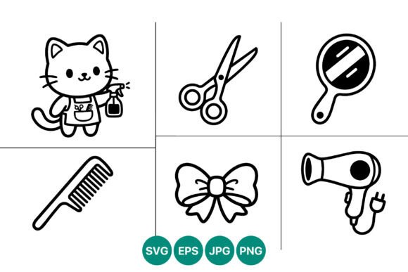 Cat Hairstylist Tools Line Art