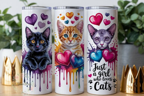 Cat Lover Watercolor Hearts Tumbler Wrap