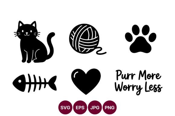 Cat Yarn Ball Paw Print Heart Vector