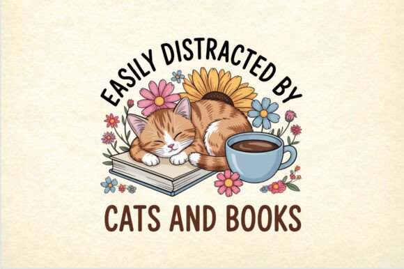 Cozy Cat Books Coffee Illustration