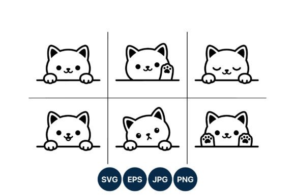 Cute Cat Faces Vector Line Art