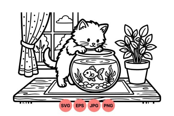 Cute Cat Fishbowl Illustration