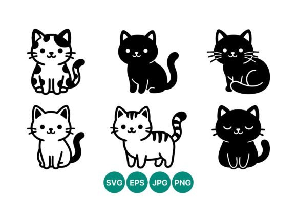 Cute Cat Icon Set Black White