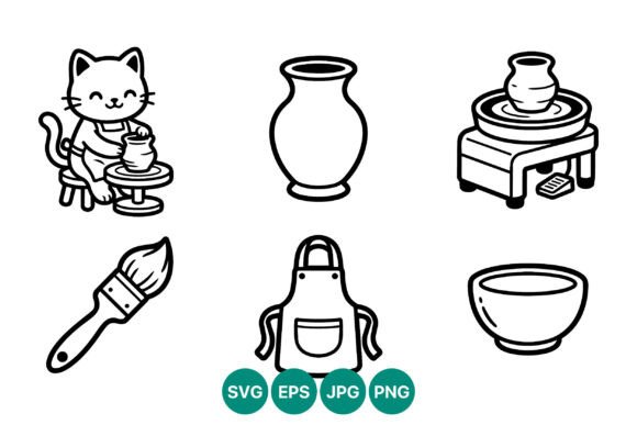 Cute Cat Pottery Wheel Craft Line Art