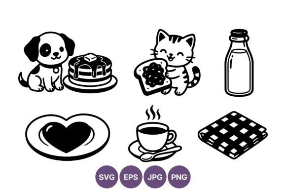 Cute Kitten and Puppy Breakfast Vector