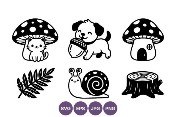 Cute Kitten and Puppy Mushroom Vector