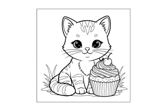 Cute Kitten with Cupcake Vector Illustra