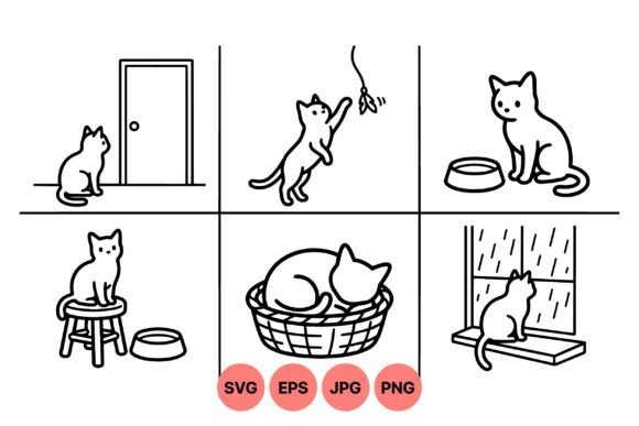 Cute Playful Cat Line Art