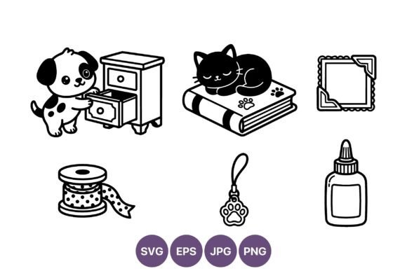 Cute Puppy and Cat Line Art
