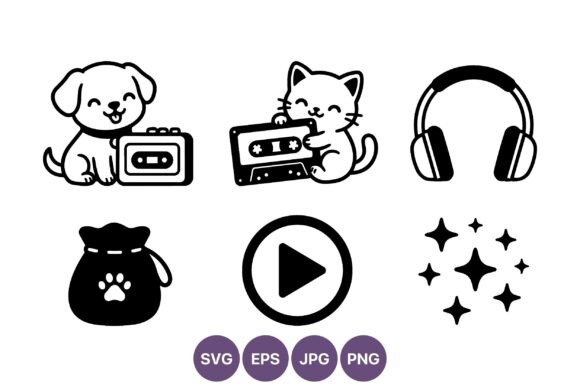 Cute Puppy Cat Cassette Tape Vector