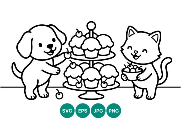 Puppy and Kitten with Cupcakes Black and
