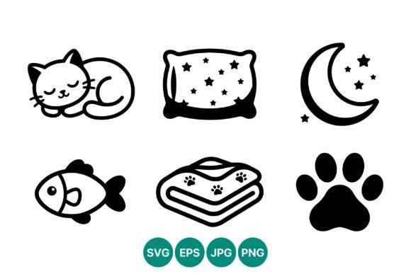 Sleeping Cat and Moon Vector Icons