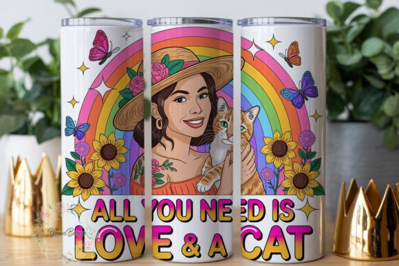 Woman Cat Sunflower Tumbler Wrap PNG
